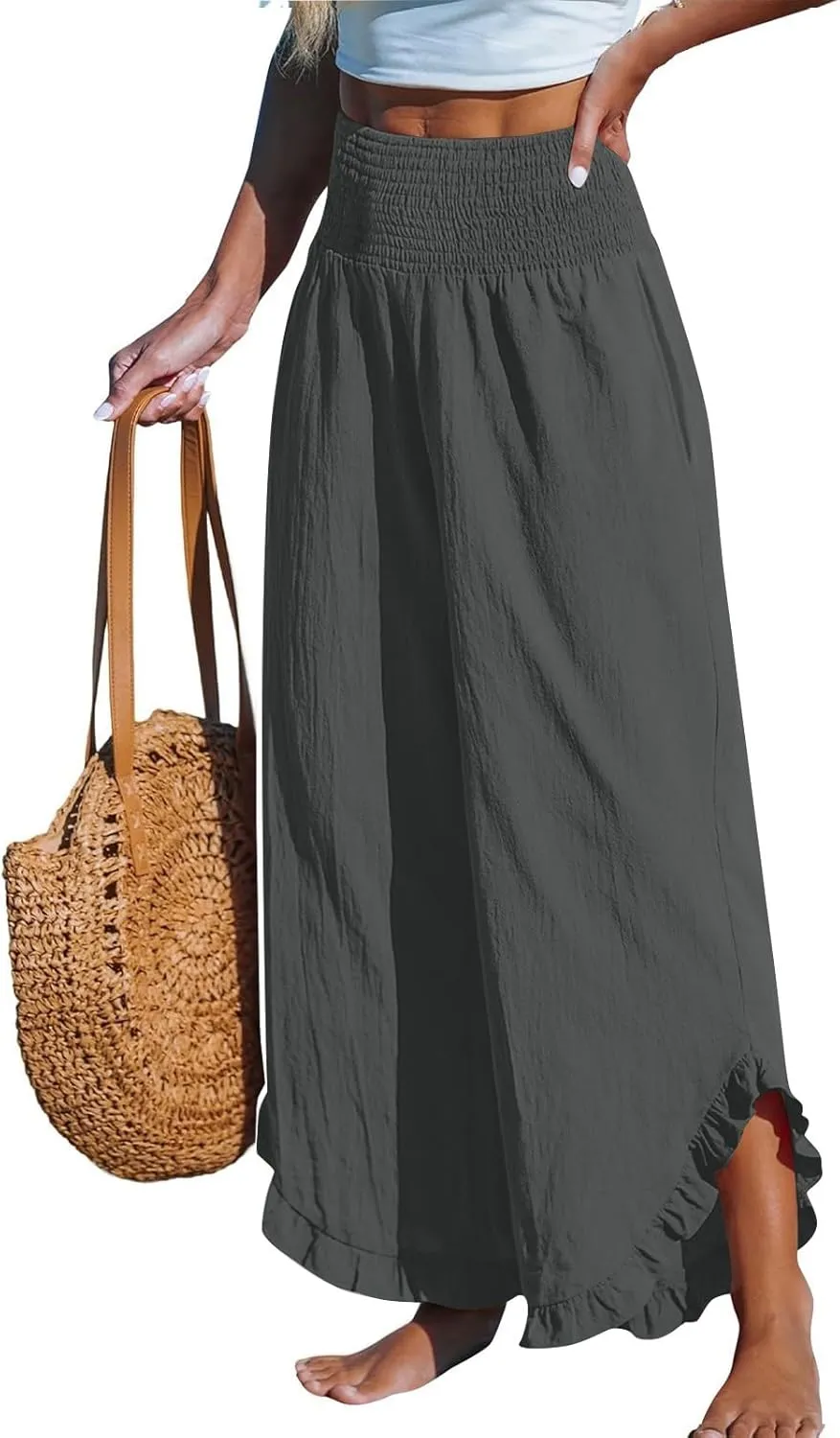 Linen Pants for Women Ruffle Cuffs Smocked High Waist Wide Leg Beach Pants Summer Flowy Palazzo Trousers with Pockets
