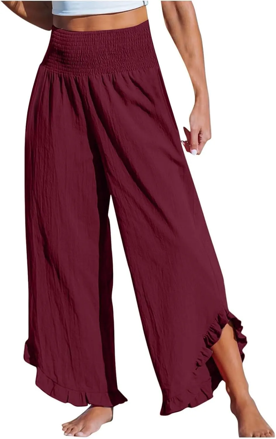 Linen Pants for Women Ruffle Cuffs Smocked High Waist Wide Leg Beach Pants Summer Flowy Palazzo Trousers with Pockets