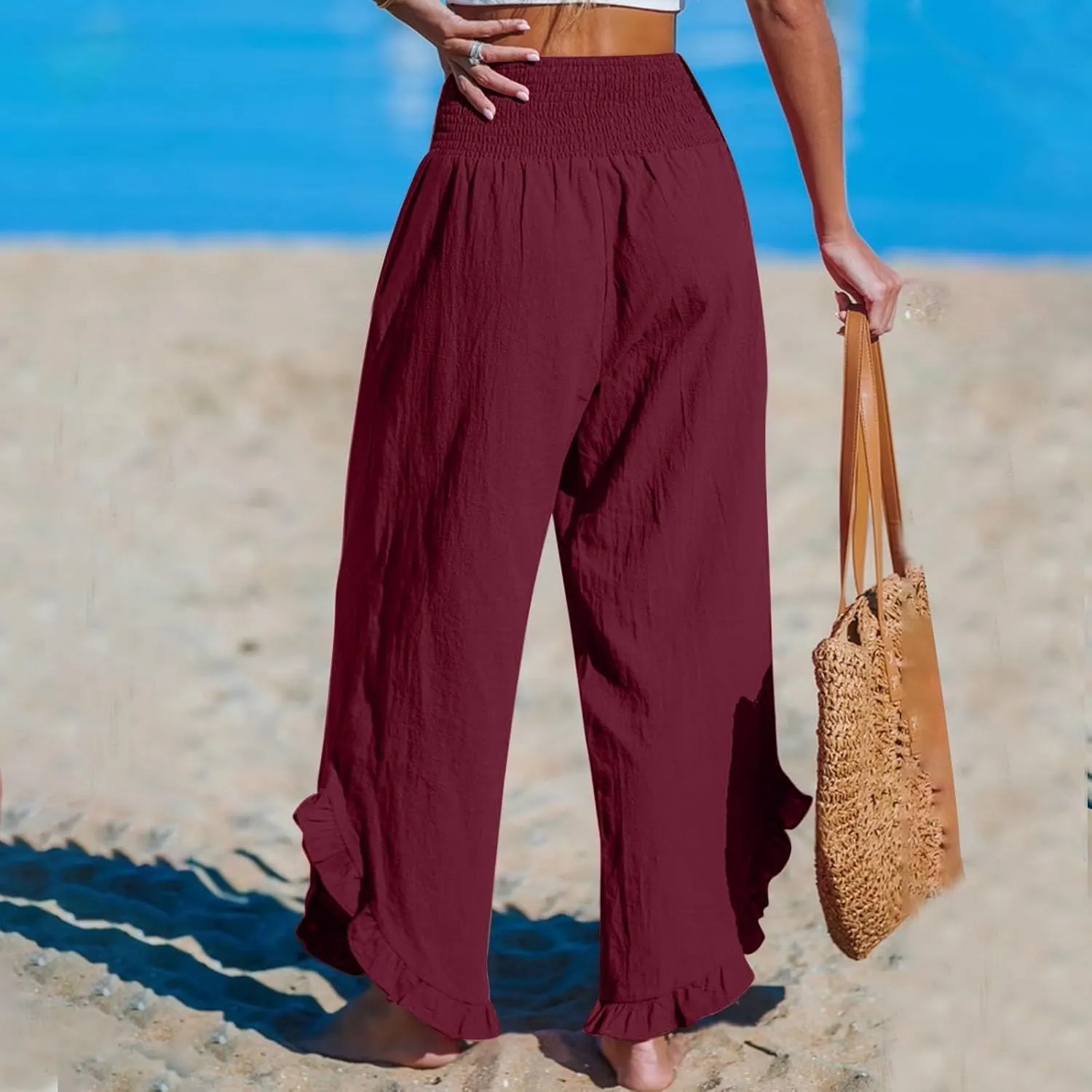 Linen Pants for Women Ruffle Cuffs Smocked High Waist Wide Leg Beach Pants Summer Flowy Palazzo Trousers with Pockets
