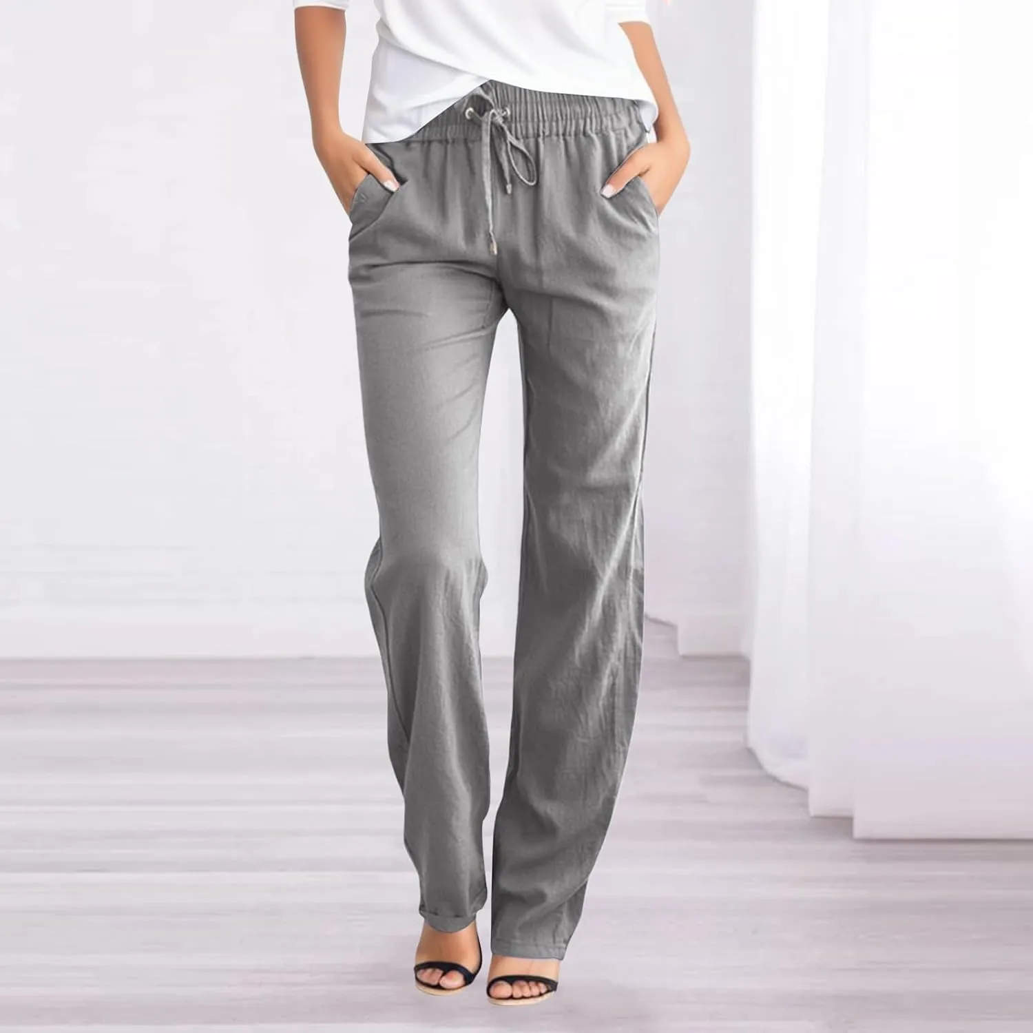 Linen Pants Women Casual High Waist Linen Pants Drawstring Loose Fit Summer Pants Trousers with Side Pockets