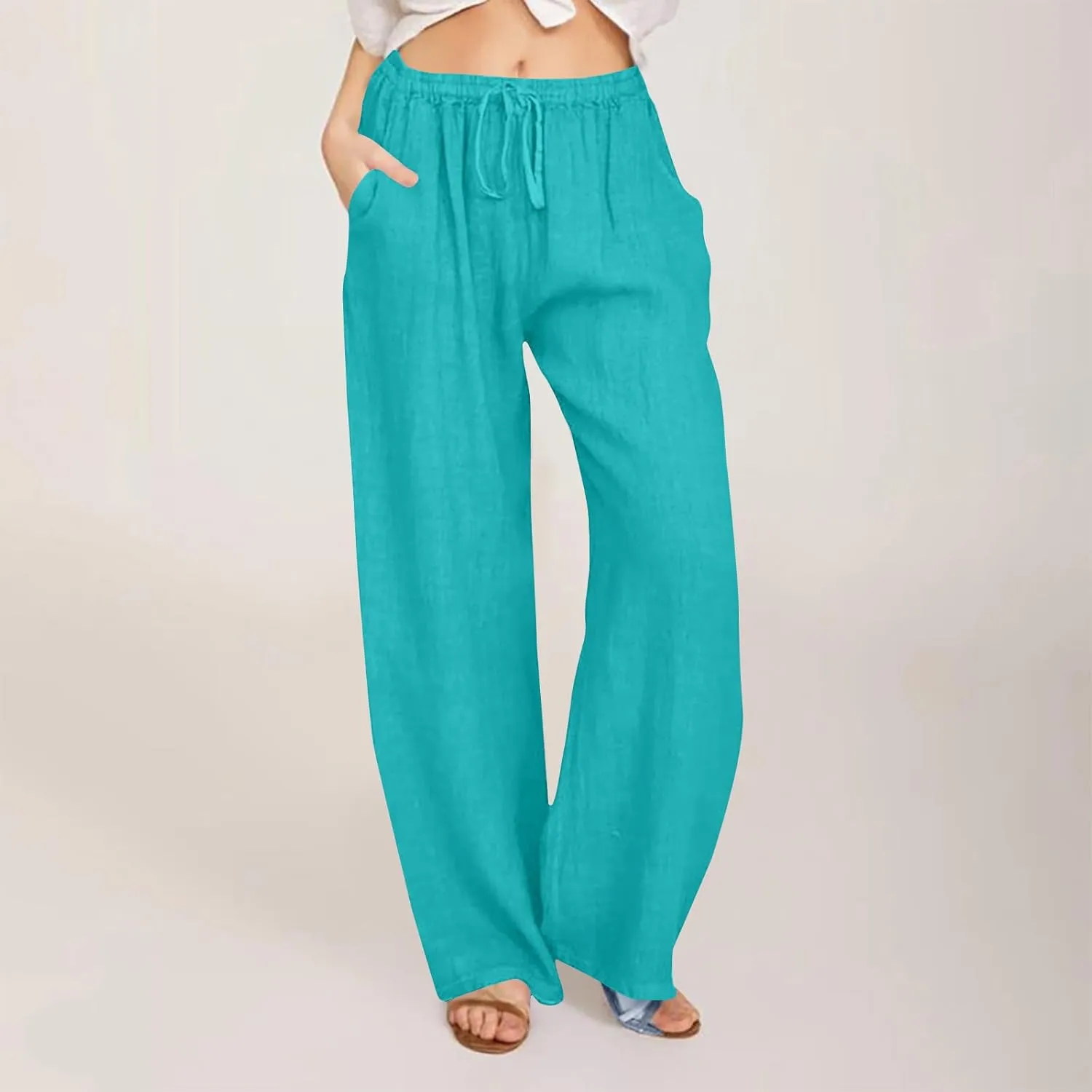 Linen Pants Women Casual Linen High Waist Pant Loose Fit Summer Pants Trousers Cotton Linen Palazzo Pants with Pockets