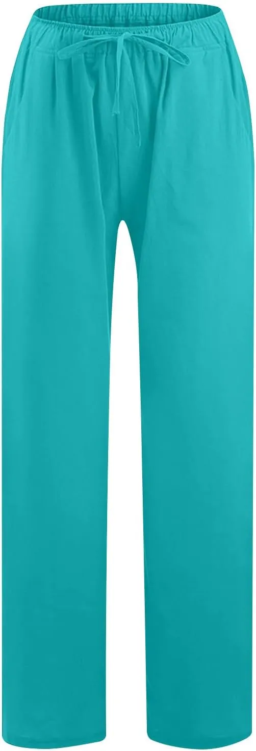 Linen Pants Women Casual Linen High Waist Pant Loose Fit Summer Pants Trousers Cotton Linen Palazzo Pants with Pockets