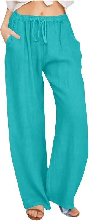 Linen Pants Women Casual Linen High Waist Pant Loose Fit Summer Pants Trousers Cotton Linen Palazzo Pants with Pockets