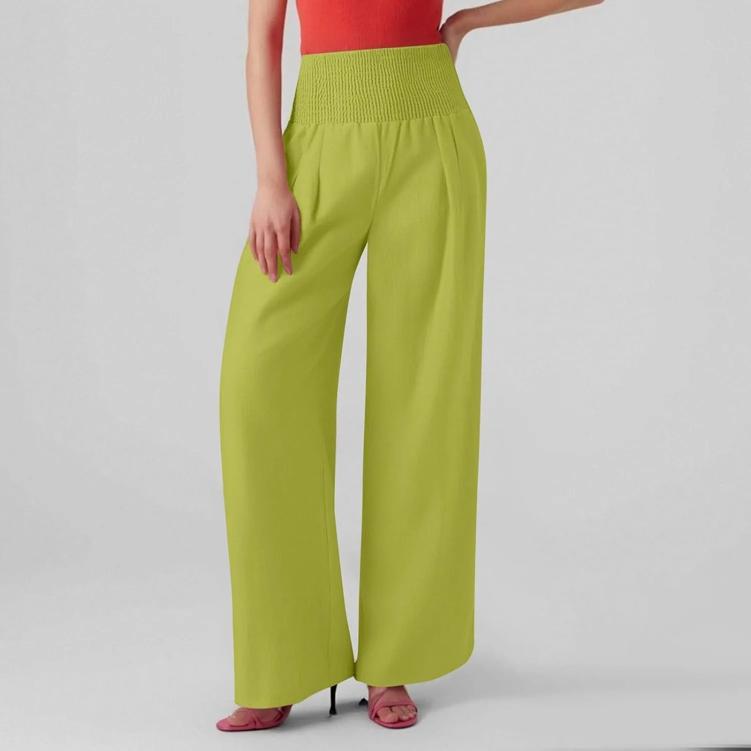 Linen Pants Women Summer High Waisted Palazzo Pants Pleated Lounge Pant Baggy Flowy Trousers with Pockets (S-XXL)