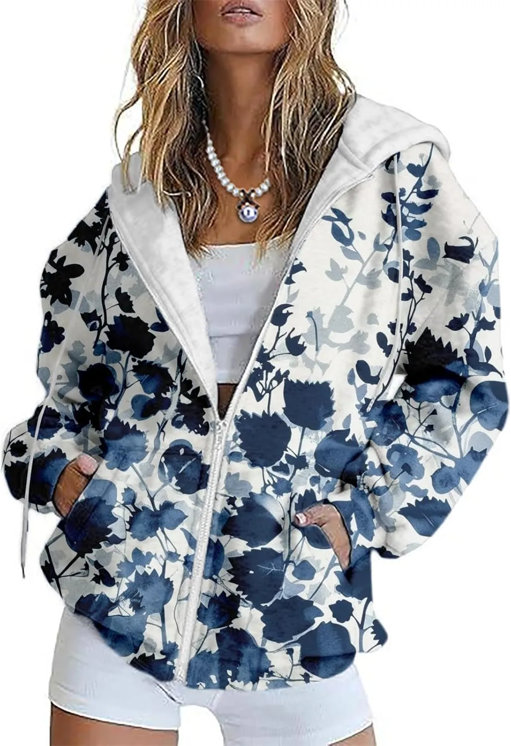 LOAIHA Womens Zip Up Hoodies Floral Print Jackets Long Sleeve Graphic Oversized Sweatshirts Girls Y2K Jacket with Pockets