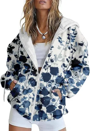 LOAIHA Womens Zip Up Hoodies Floral Print Jackets Long Sleeve Graphic Oversized Sweatshirts Girls Y2K Jacket with Pockets