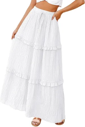 Long Skirt for Women Summer Elegant High-Waisted Ruffle Boho Pleated Maxi Dress Casual A-line Swing Flowy Skirts