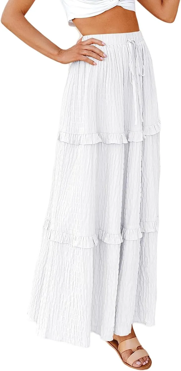 Long Skirt for Women Summer Elegant High-Waisted Ruffle Boho Pleated Maxi Dress Casual A-line Swing Flowy Skirts