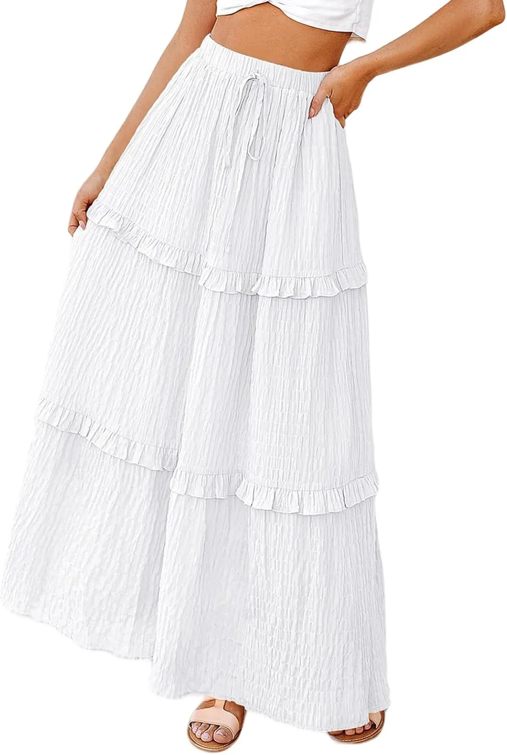 Long Skirt for Women Summer Elegant High-Waisted Ruffle Boho Pleated Maxi Dress Casual A-line Swing Flowy Skirts