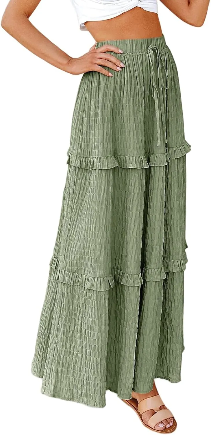 Long Skirt for Women Summer Elegant High-Waisted Ruffle Boho Pleated Maxi Dress Casual A-line Swing Flowy Skirts