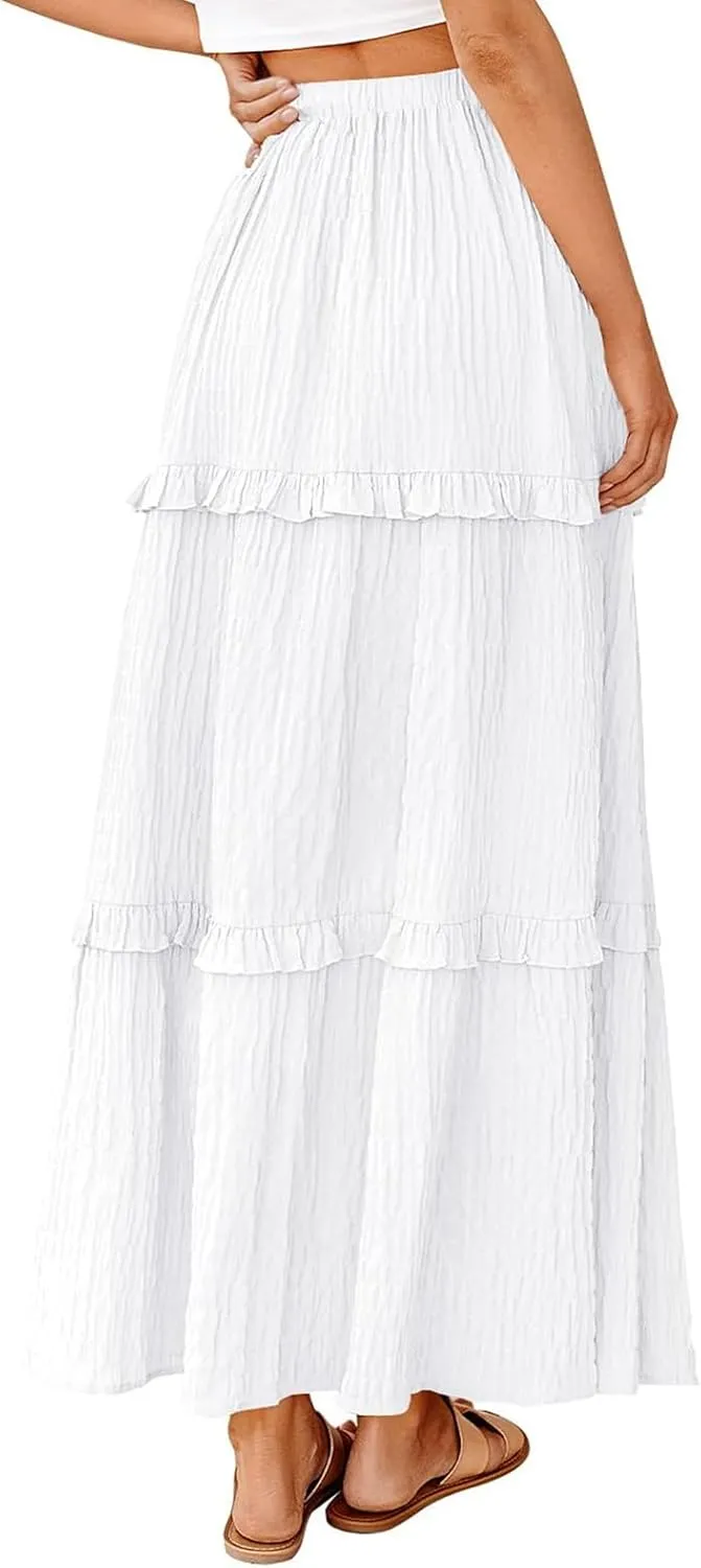 Long Skirt for Women Summer Elegant High-Waisted Ruffle Boho Pleated Maxi Dress Casual A-line Swing Flowy Skirts