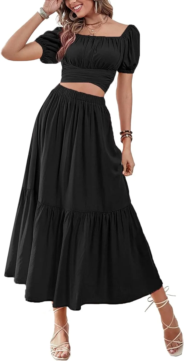 LYANER Women's 2 Pcs Outfits Wrap Tie Short Sleeve Crop Top Ruffle Maxi Skirt Set