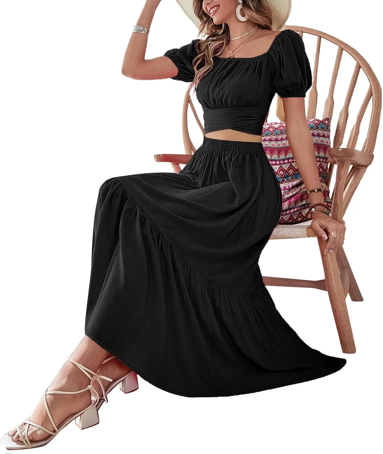 LYANER Women's 2 Pcs Outfits Wrap Tie Short Sleeve Crop Top Ruffle Maxi Skirt Set