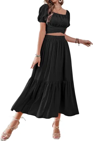 LYANER Women's 2 Pcs Outfits Wrap Tie Short Sleeve Crop Top Ruffle Maxi Skirt Set