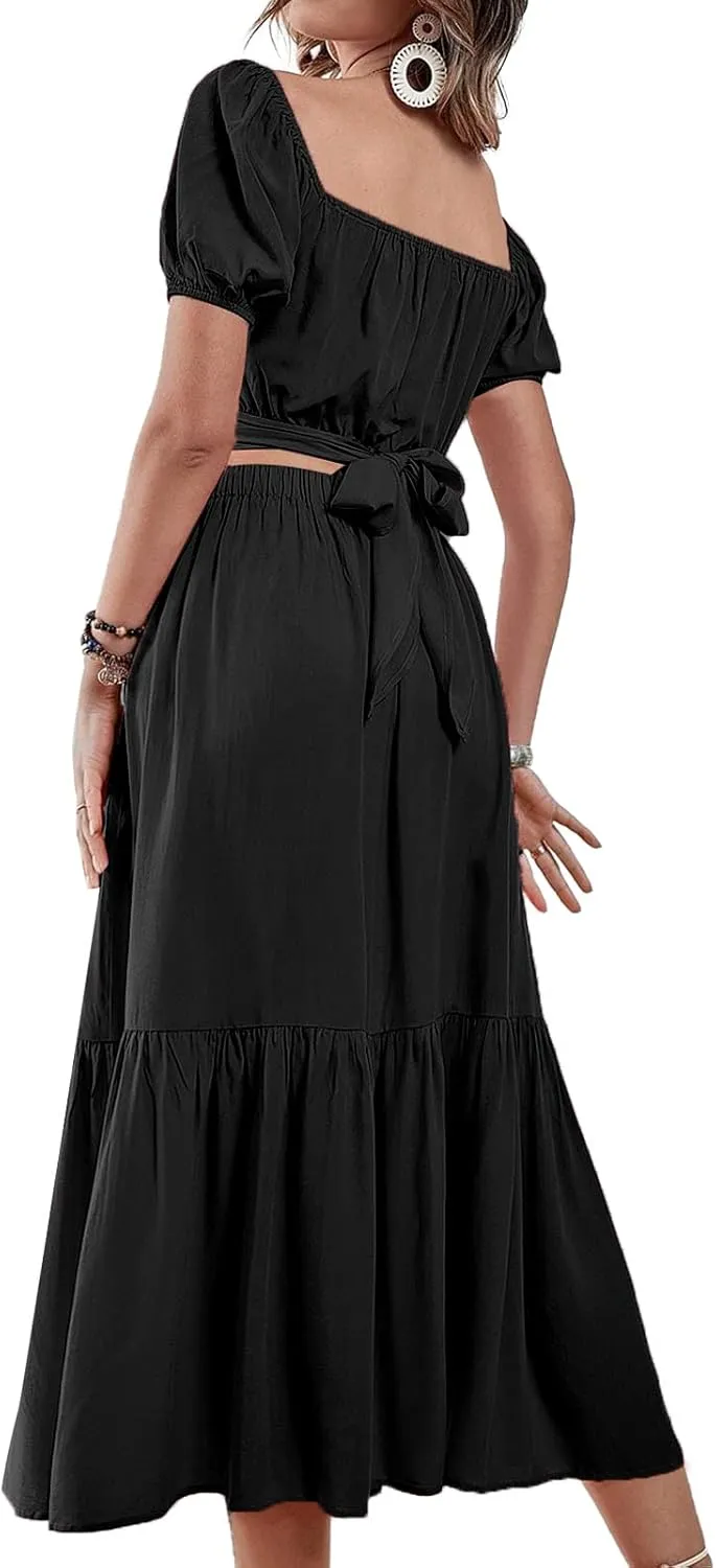LYANER Women's 2 Pcs Outfits Wrap Tie Short Sleeve Crop Top Ruffle Maxi Skirt Set