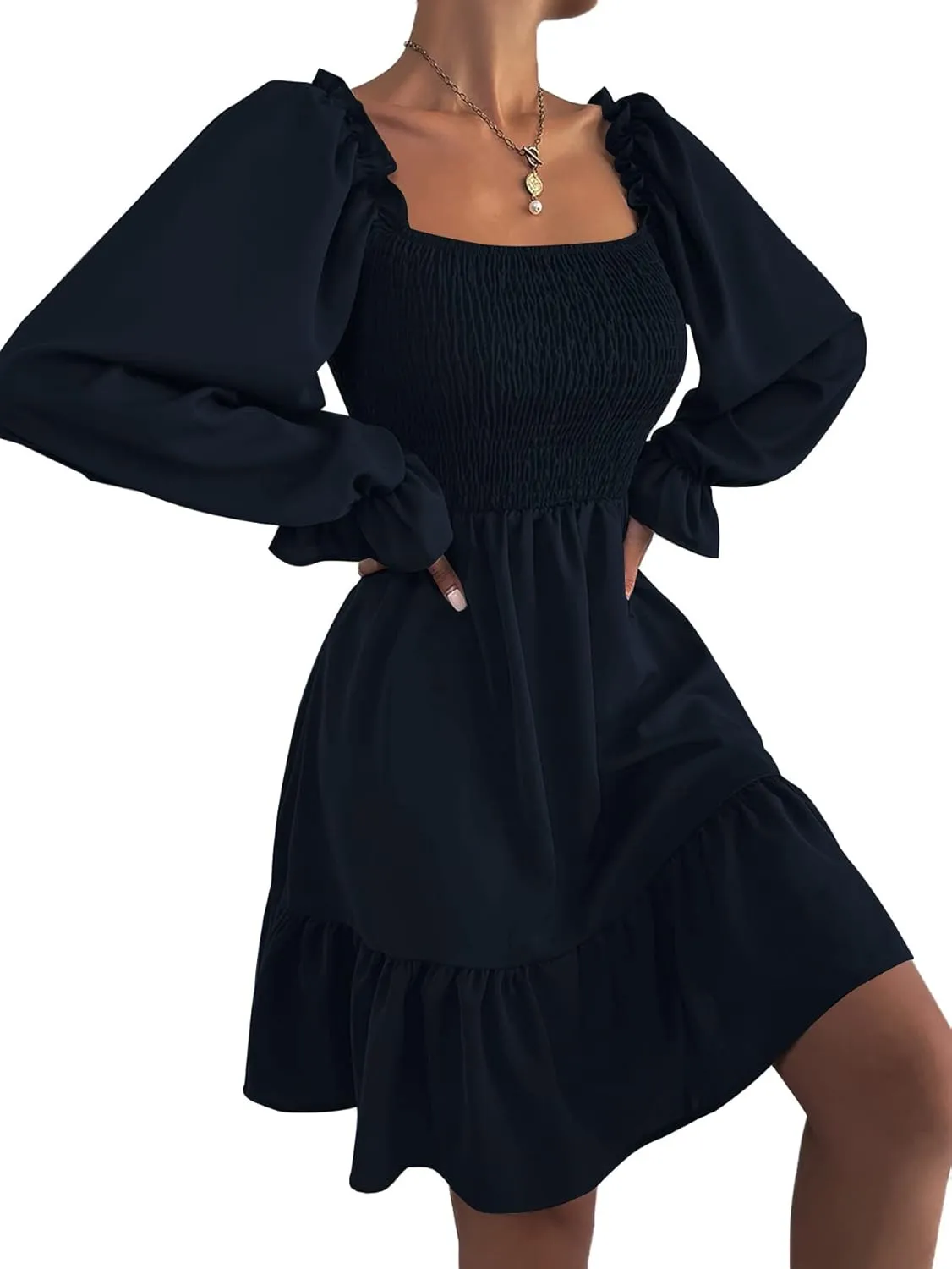 LYANER Women's Square Neck Lantern Long Sleeve Ruffle Shirred Flowy Party Mini Dress