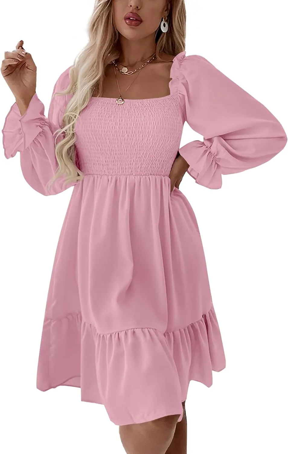 LYANER Women's Square Neck Lantern Long Sleeve Ruffle Shirred Flowy Party Mini Dress