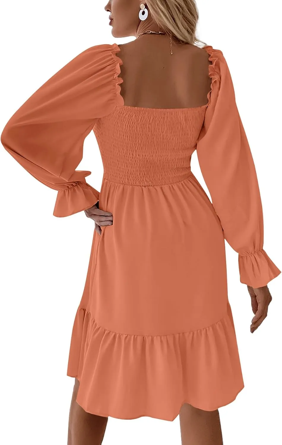 LYANER Women's Square Neck Lantern Long Sleeve Ruffle Shirred Flowy Party Mini Dress