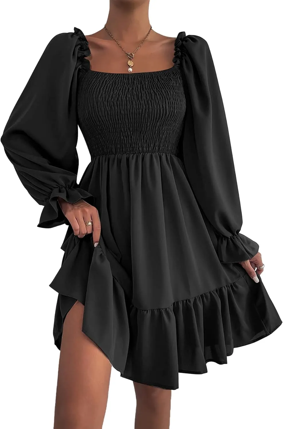 LYANER Women's Square Neck Lantern Long Sleeve Ruffle Shirred Flowy Party Mini Dress
