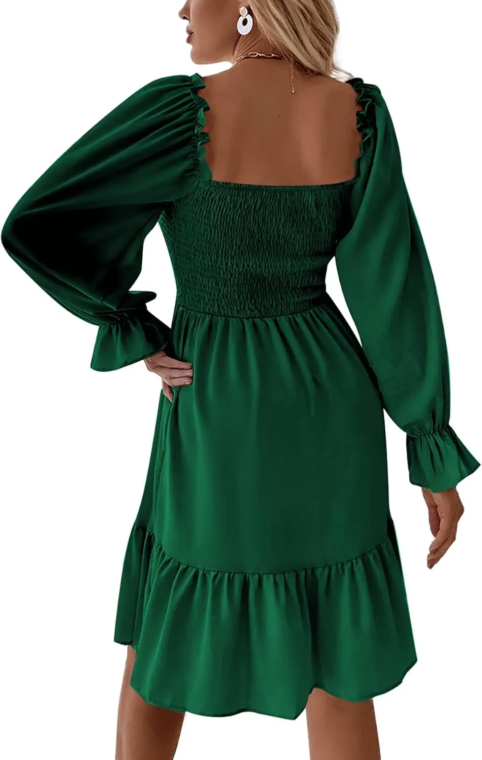 LYANER Women's Square Neck Lantern Long Sleeve Ruffle Shirred Flowy Party Mini Dress