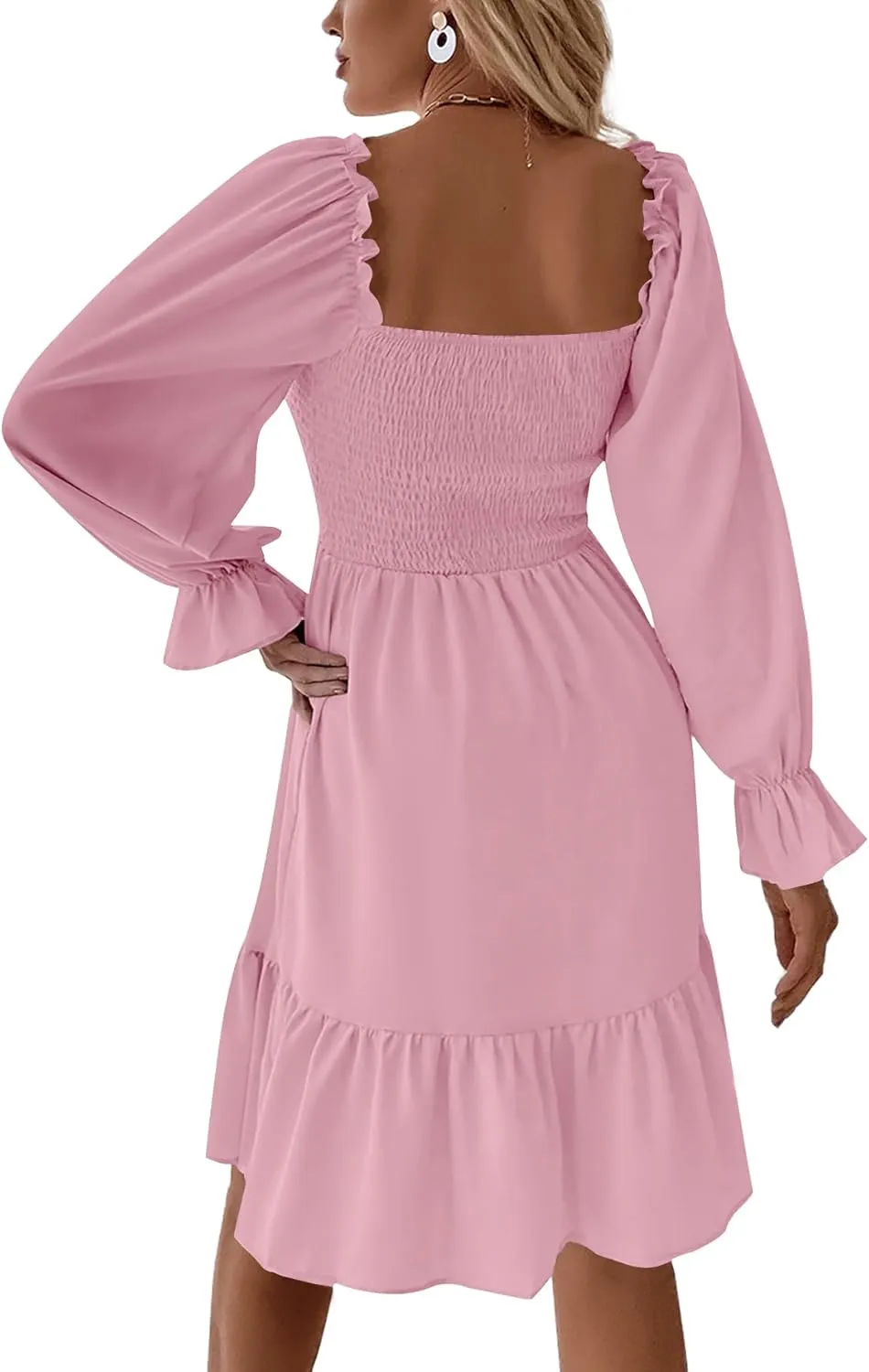 LYANER Women's Square Neck Lantern Long Sleeve Ruffle Shirred Flowy Party Mini Dress