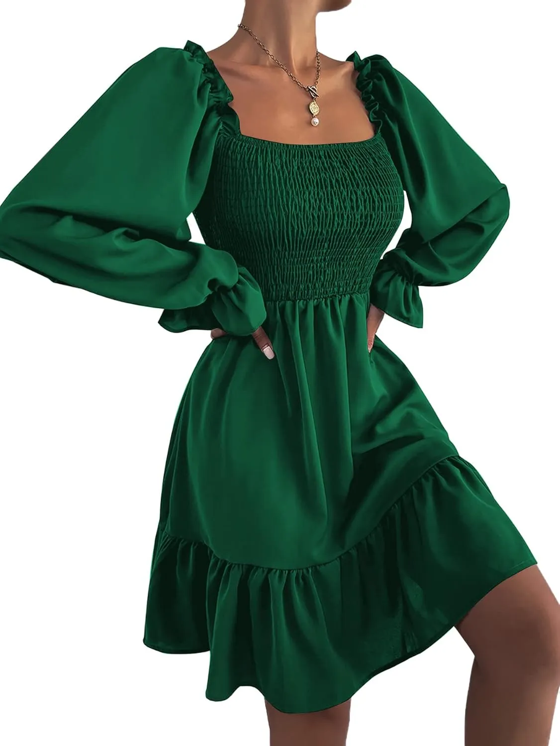 LYANER Women's Square Neck Lantern Long Sleeve Ruffle Shirred Flowy Party Mini Dress