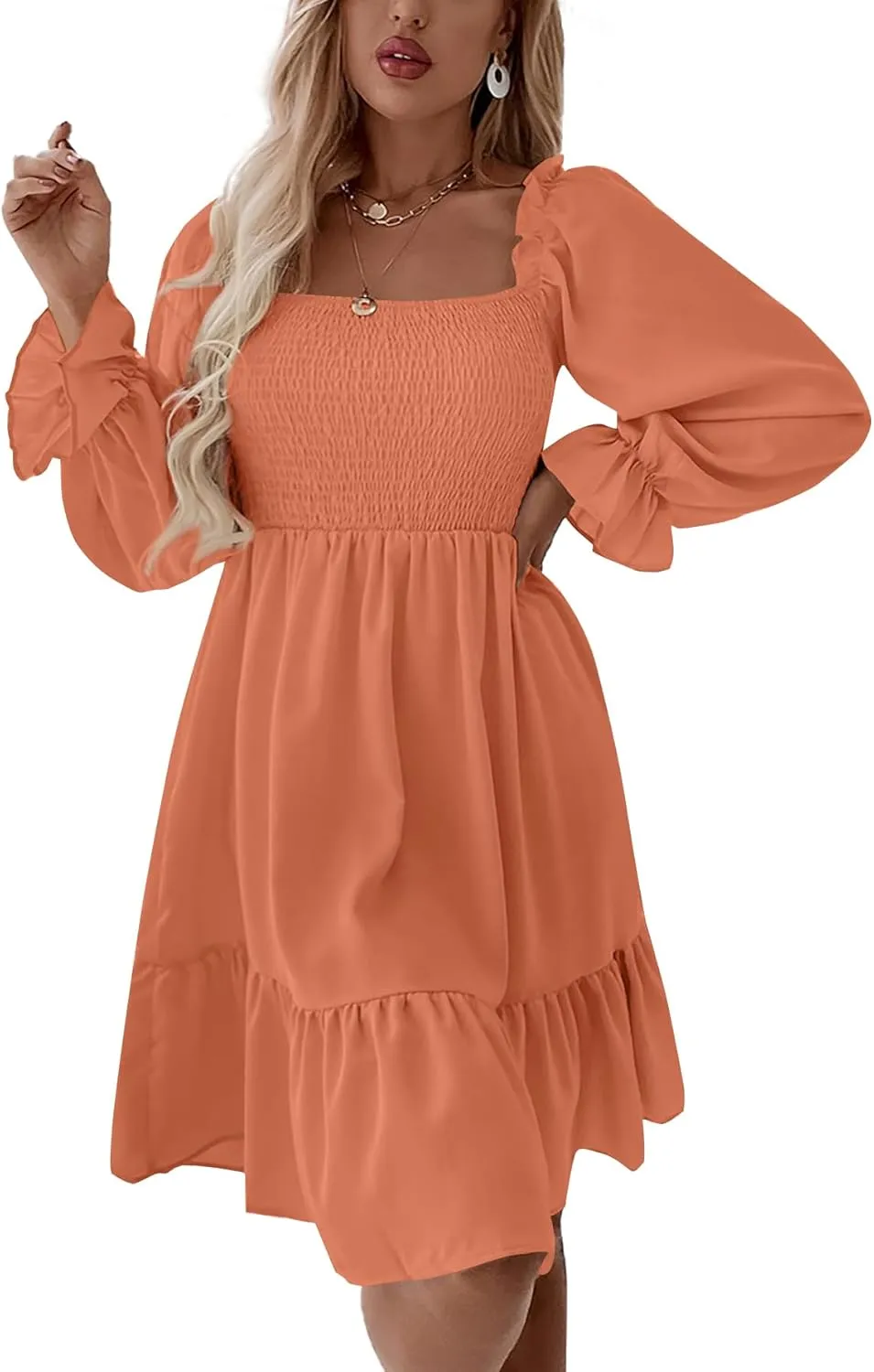 LYANER Women's Square Neck Lantern Long Sleeve Ruffle Shirred Flowy Party Mini Dress