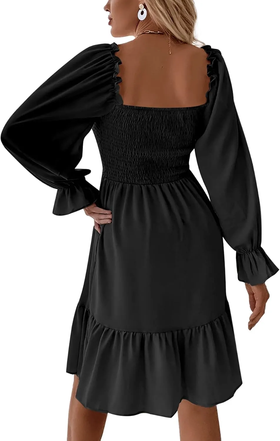 LYANER Women's Square Neck Lantern Long Sleeve Ruffle Shirred Flowy Party Mini Dress
