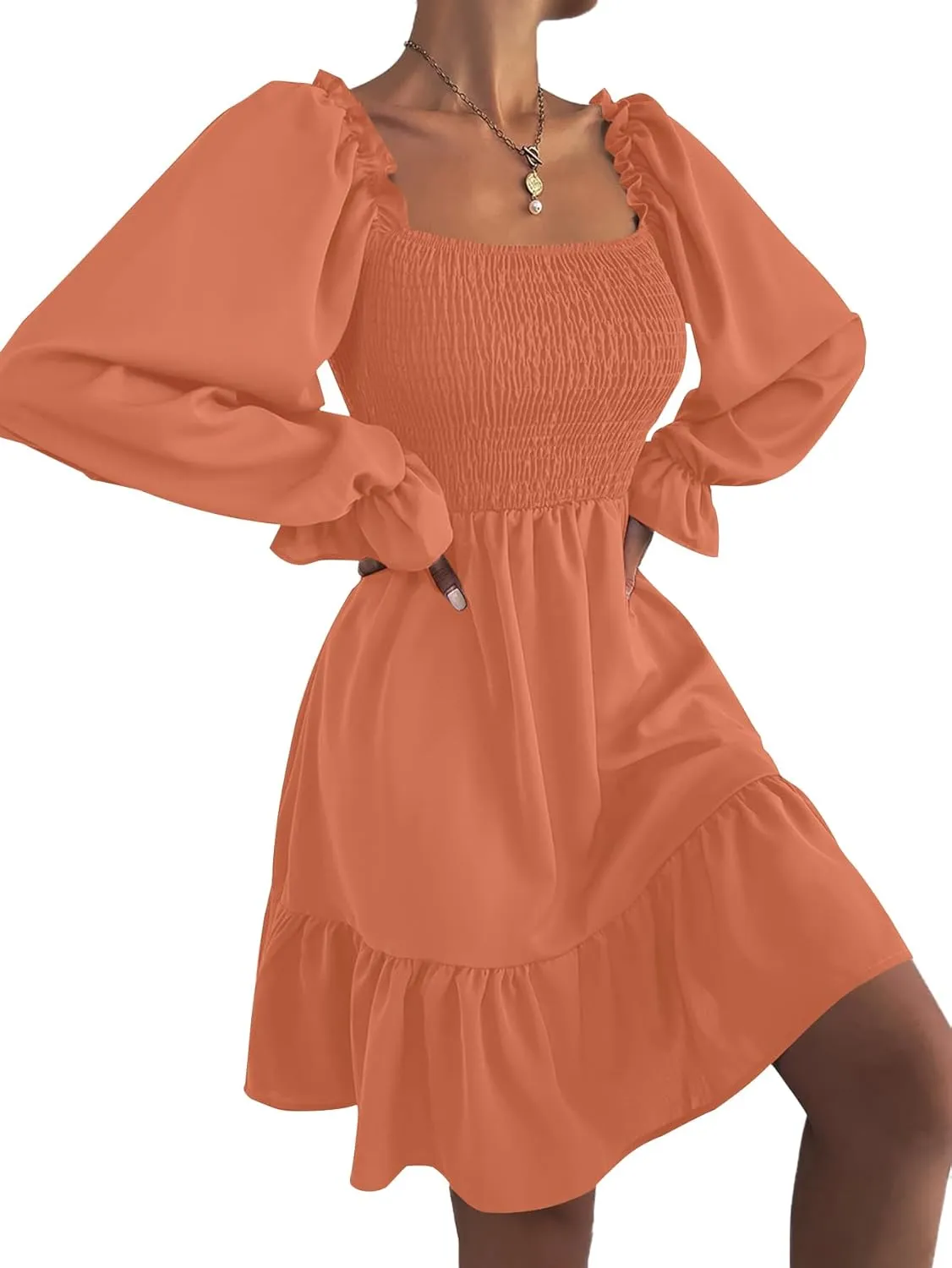 LYANER Women's Square Neck Lantern Long Sleeve Ruffle Shirred Flowy Party Mini Dress