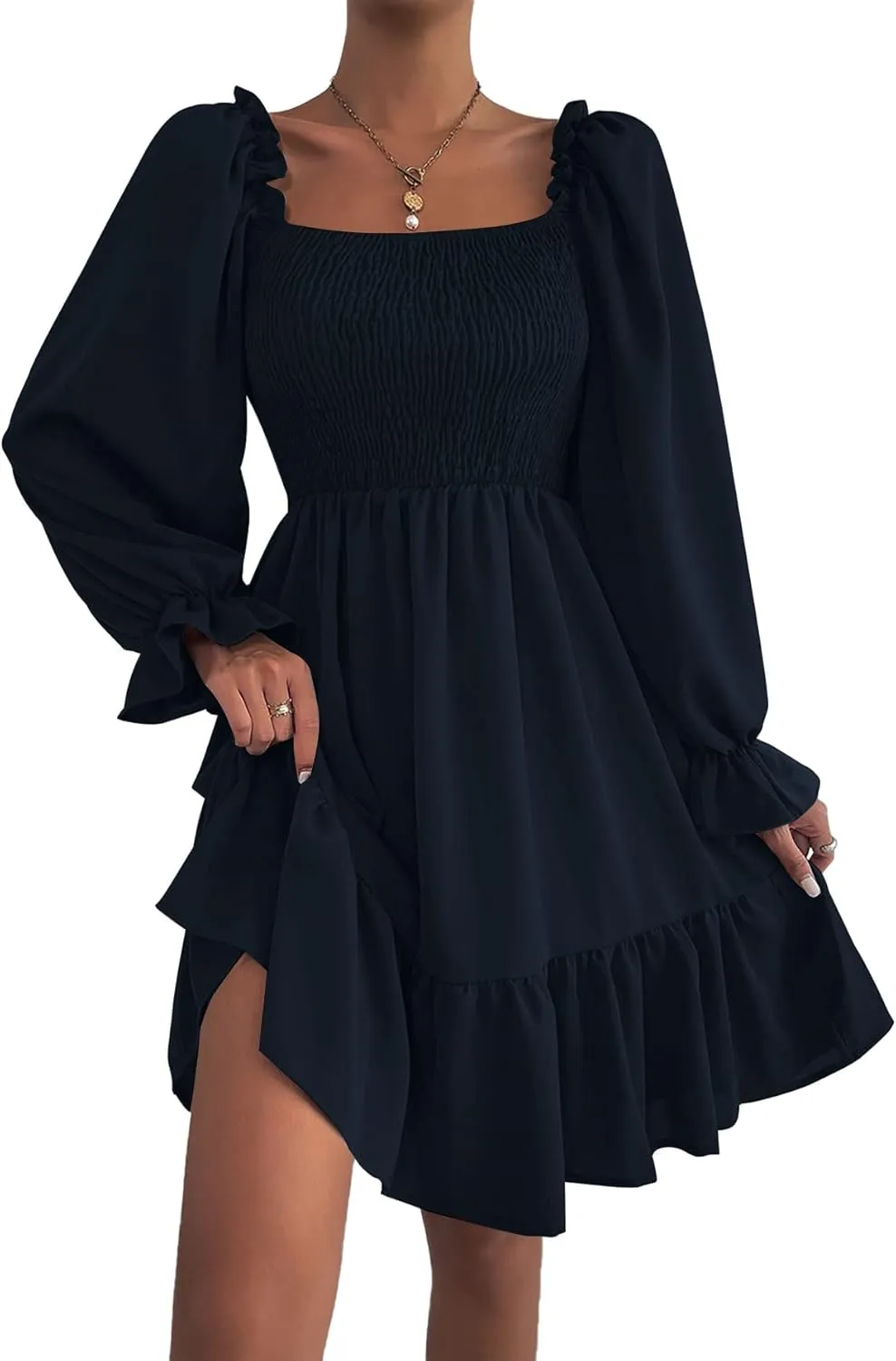 LYANER Women's Square Neck Lantern Long Sleeve Ruffle Shirred Flowy Party Mini Dress