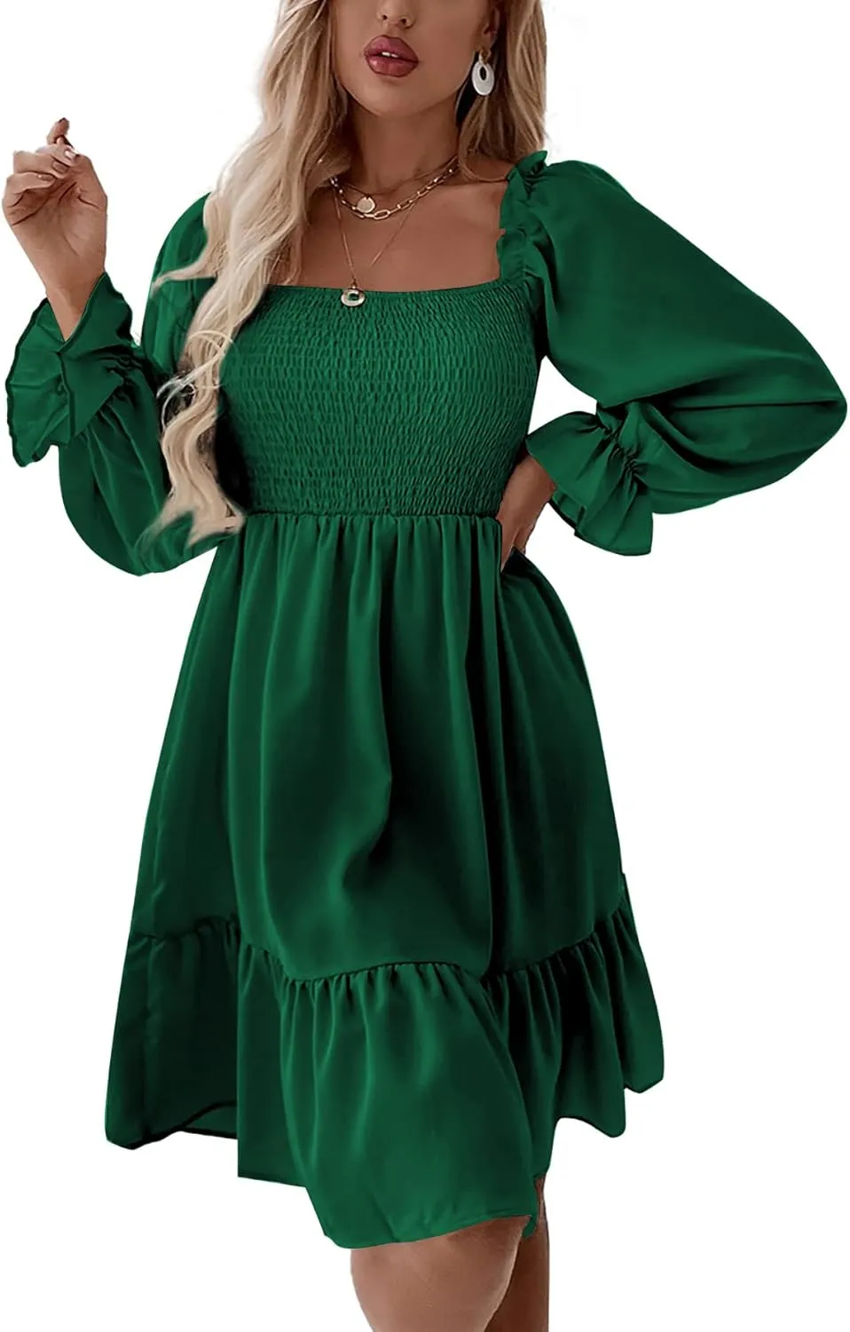 LYANER Women's Square Neck Lantern Long Sleeve Ruffle Shirred Flowy Party Mini Dress