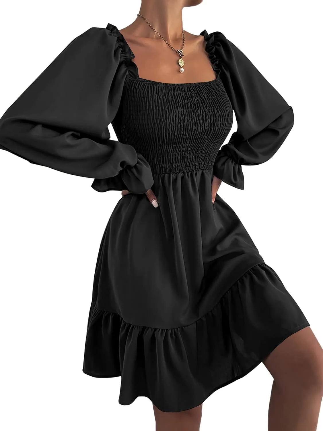 LYANER Women's Square Neck Lantern Long Sleeve Ruffle Shirred Flowy Party Mini Dress