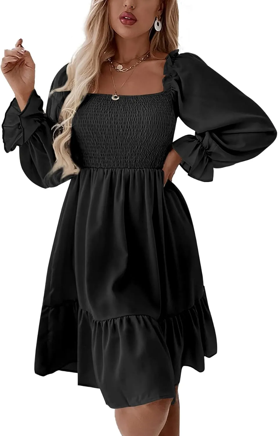 LYANER Women's Square Neck Lantern Long Sleeve Ruffle Shirred Flowy Party Mini Dress
