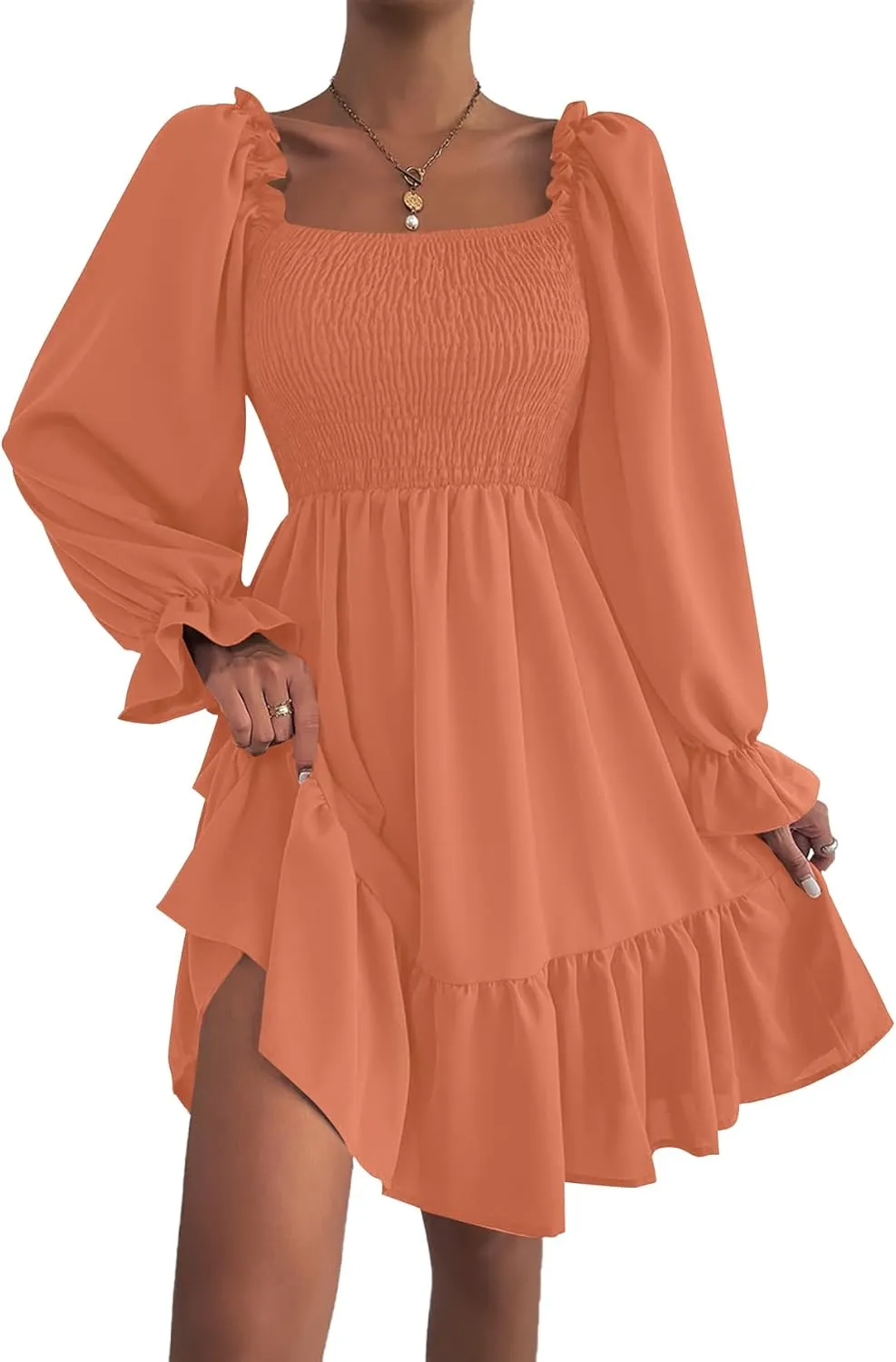 LYANER Women's Square Neck Lantern Long Sleeve Ruffle Shirred Flowy Party Mini Dress