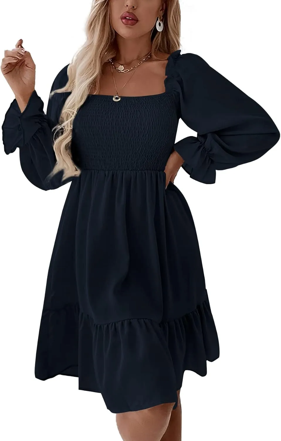 LYANER Women's Square Neck Lantern Long Sleeve Ruffle Shirred Flowy Party Mini Dress