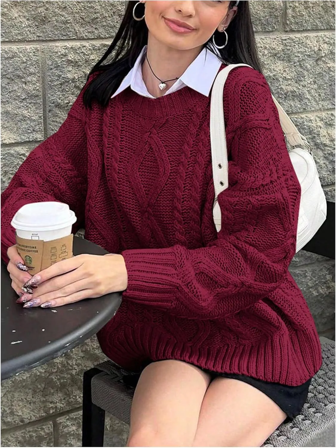 MakeMeChic Women's Cable Knit Long Sleeve Sweater Round Neck Drop Shoulder Knit Tops