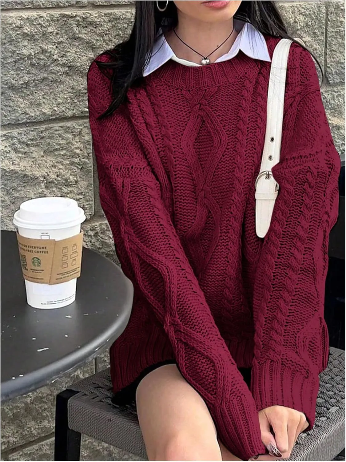 MakeMeChic Women's Cable Knit Long Sleeve Sweater Round Neck Drop Shoulder Knit Tops