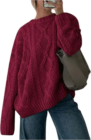 MakeMeChic Women's Cable Knit Long Sleeve Sweater Round Neck Drop Shoulder Knit Tops