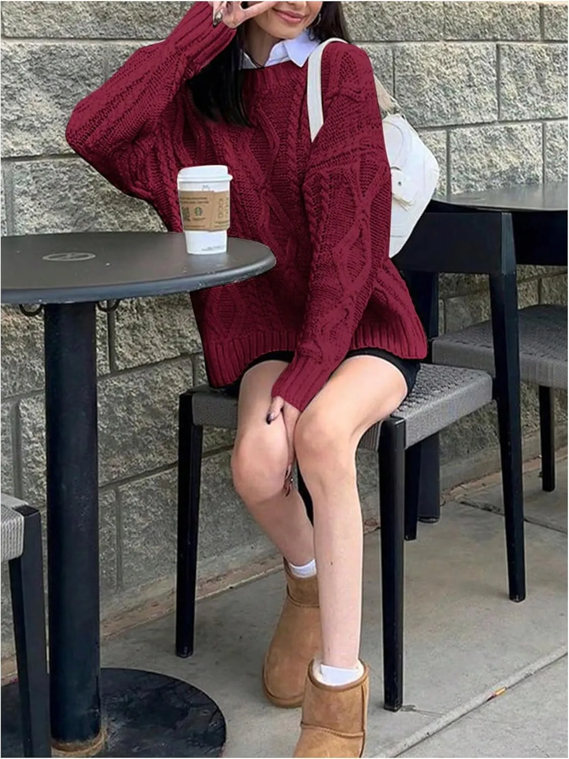 MakeMeChic Women's Cable Knit Long Sleeve Sweater Round Neck Drop Shoulder Knit Tops