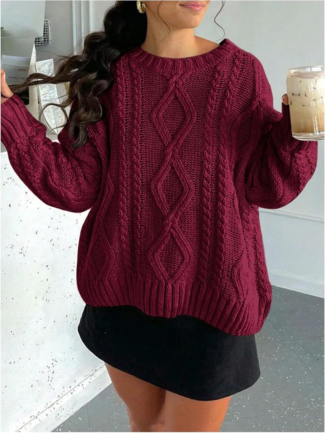 MakeMeChic Women's Cable Knit Long Sleeve Sweater Round Neck Drop Shoulder Knit Tops