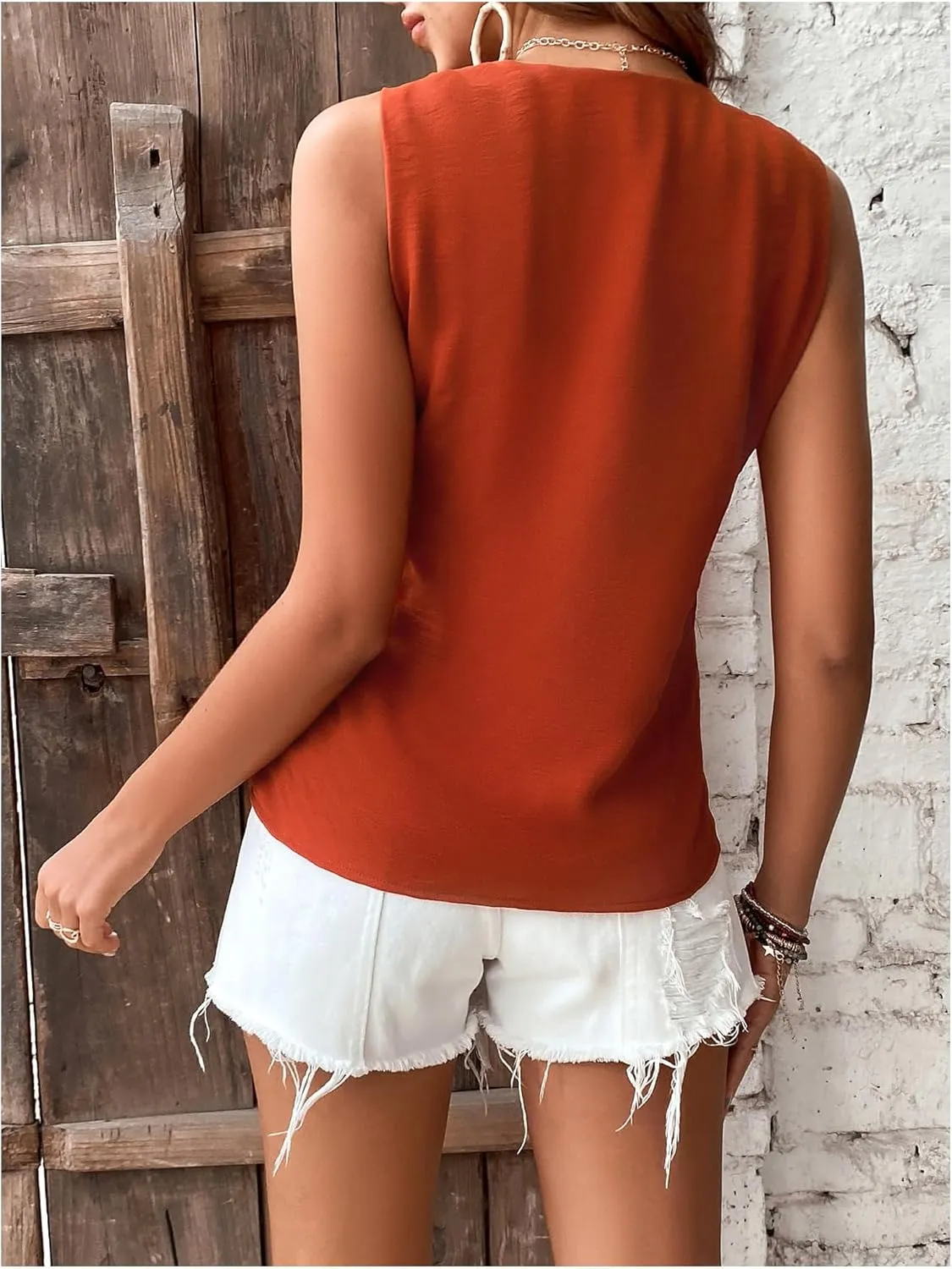 MakeMeChic Women's Casual Knot Shoulder Sleeveless Camisole Solid V Neck Cami Top Blouse Summer Shirts