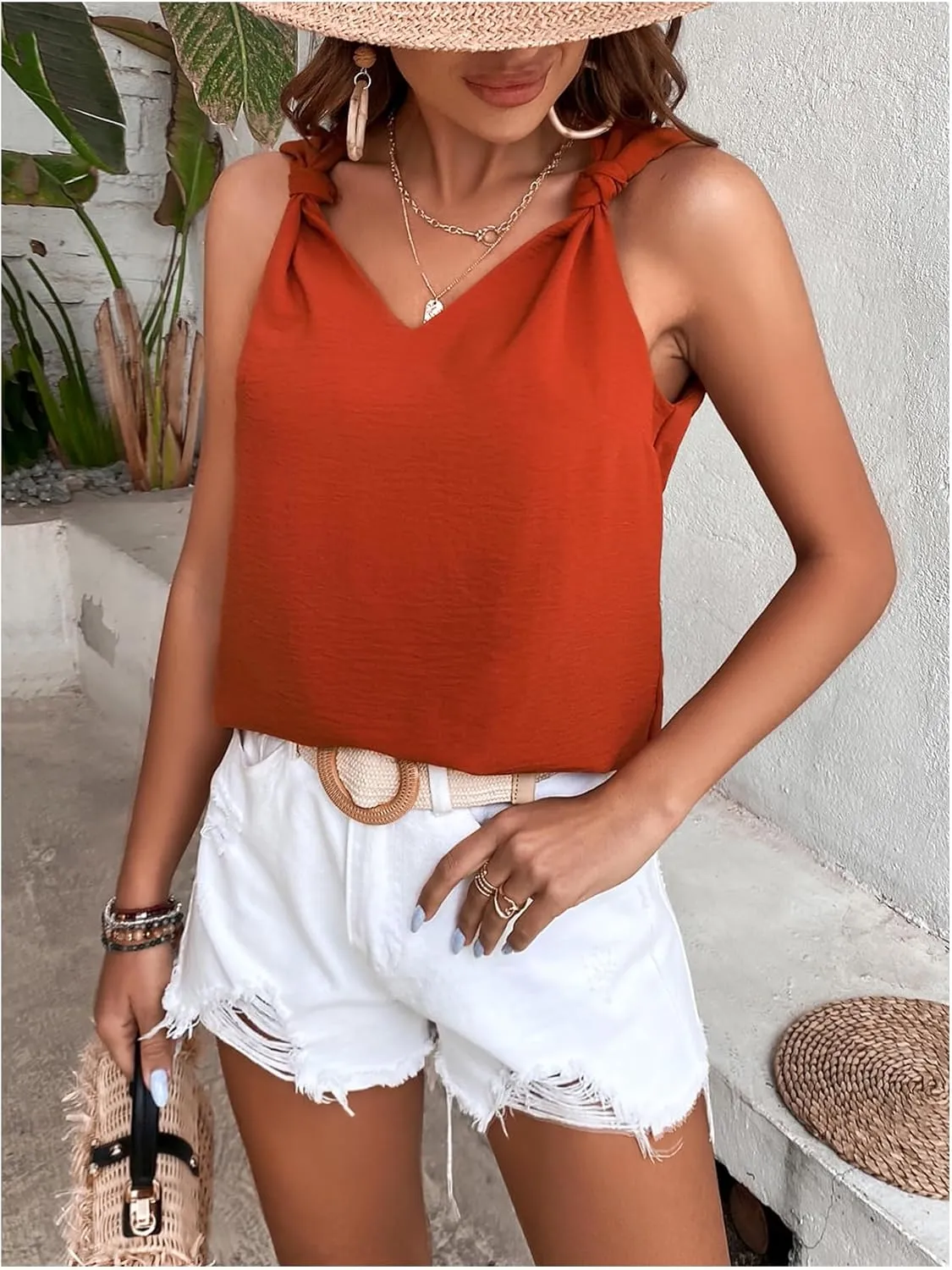 MakeMeChic Women's Casual Knot Shoulder Sleeveless Camisole Solid V Neck Cami Top Blouse Summer Shirts