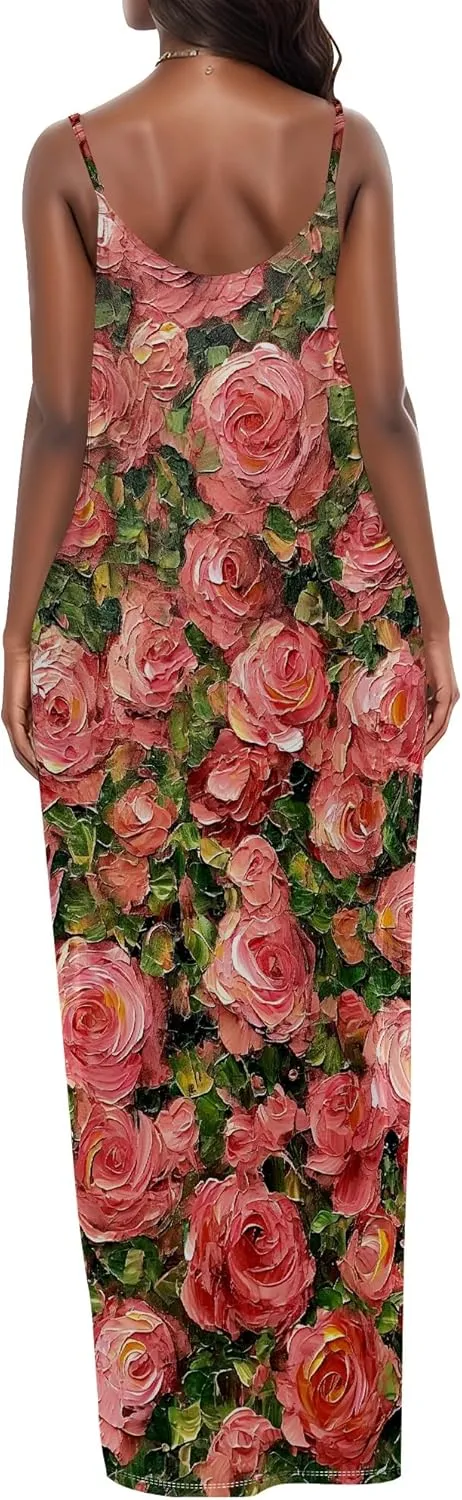 MARSVOVO Summer Dress Sleeveless Fashion Plus Size Spaghetti Strap Sundress with Pockets Plus Size Maxi Dress
