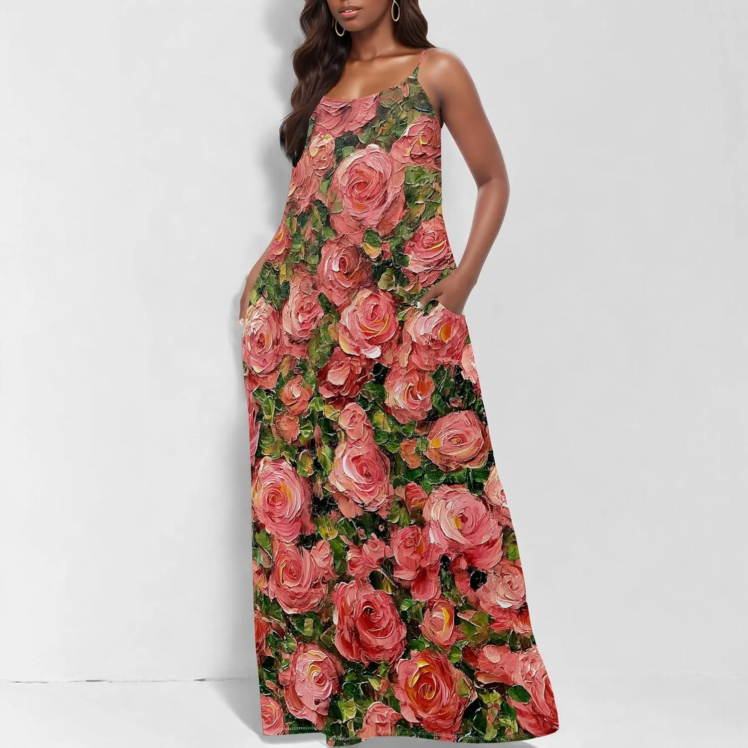 MARSVOVO Summer Dress Sleeveless Fashion Plus Size Spaghetti Strap Sundress with Pockets Plus Size Maxi Dress