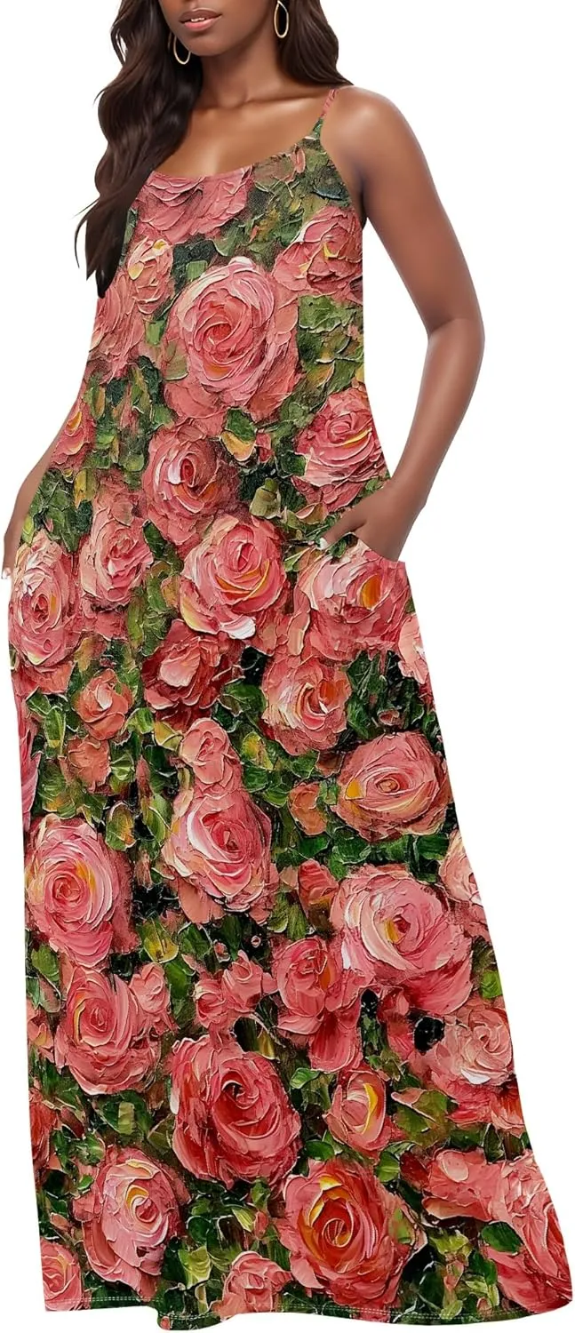 MARSVOVO Summer Dress Sleeveless Fashion Plus Size Spaghetti Strap Sundress with Pockets Plus Size Maxi Dress