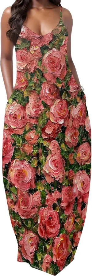 MARSVOVO Summer Dress Sleeveless Fashion Plus Size Spaghetti Strap Sundress with Pockets Plus Size Maxi Dress