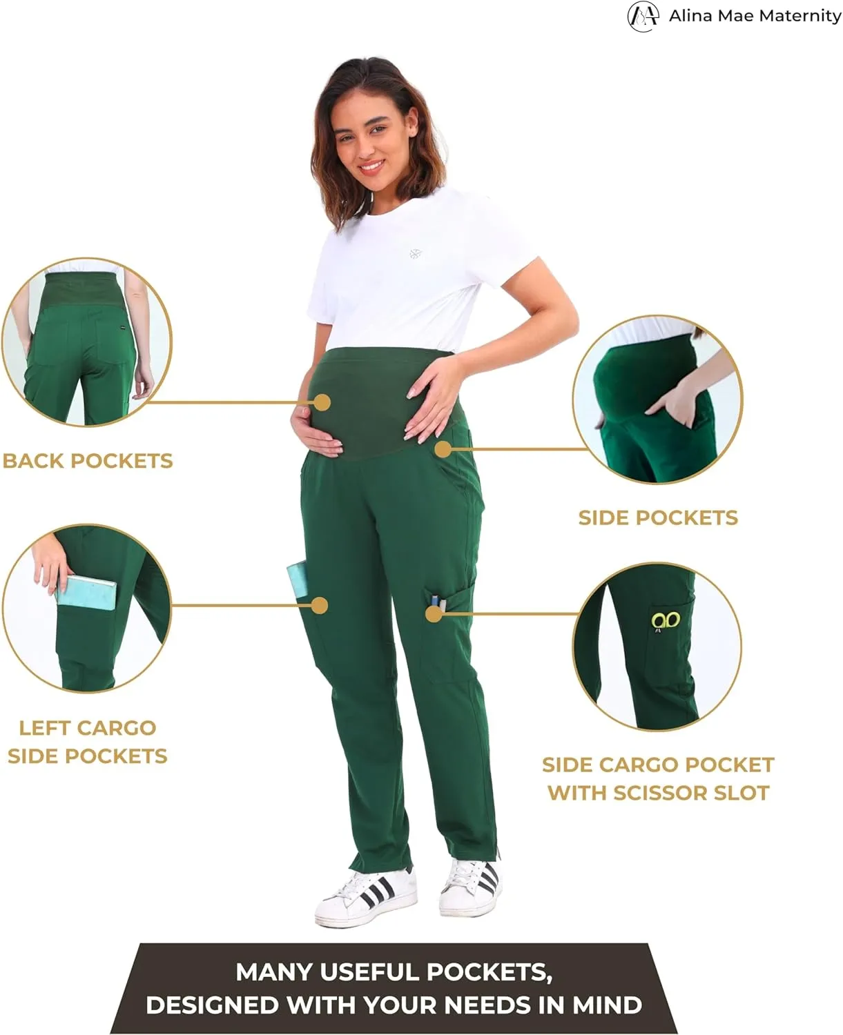 Maternity Scrub Jogger Pants for Women Pregnant Doctor Uniform Pant Nurse Scrub w/ 6 Pockets
