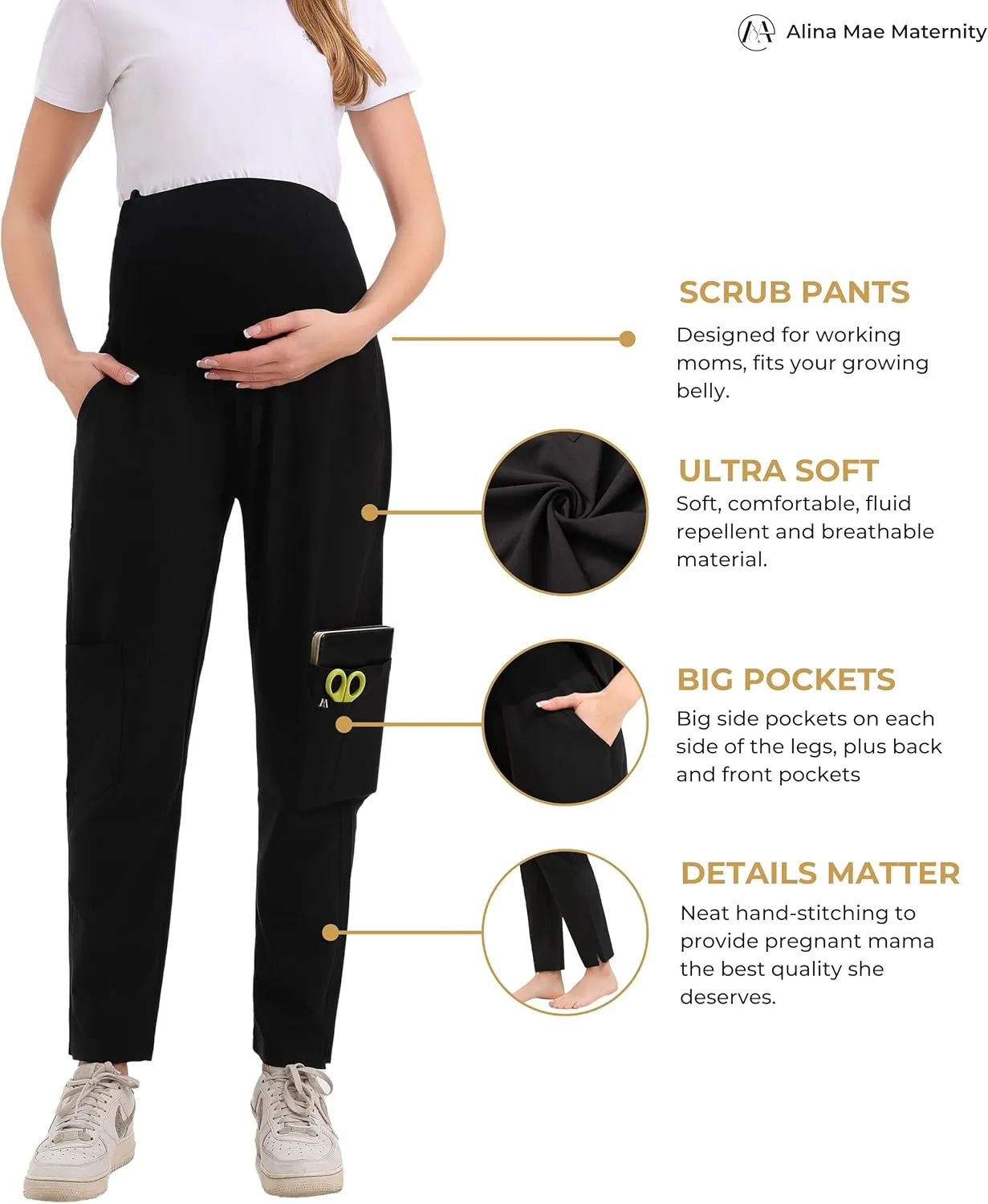 Maternity Scrub Jogger Pants for Women Pregnant Doctor Uniform Pant Nurse Scrub w/ 6 Pockets