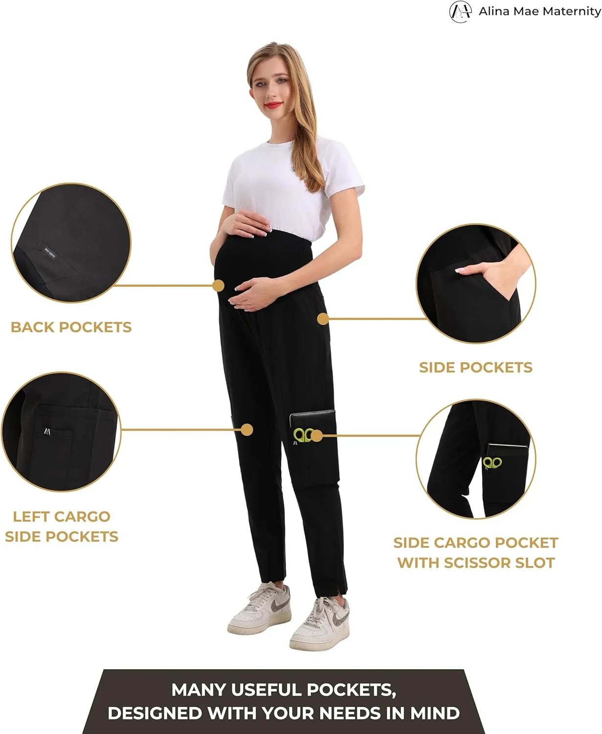 Maternity Scrub Jogger Pants for Women Pregnant Doctor Uniform Pant Nurse Scrub w/ 6 Pockets