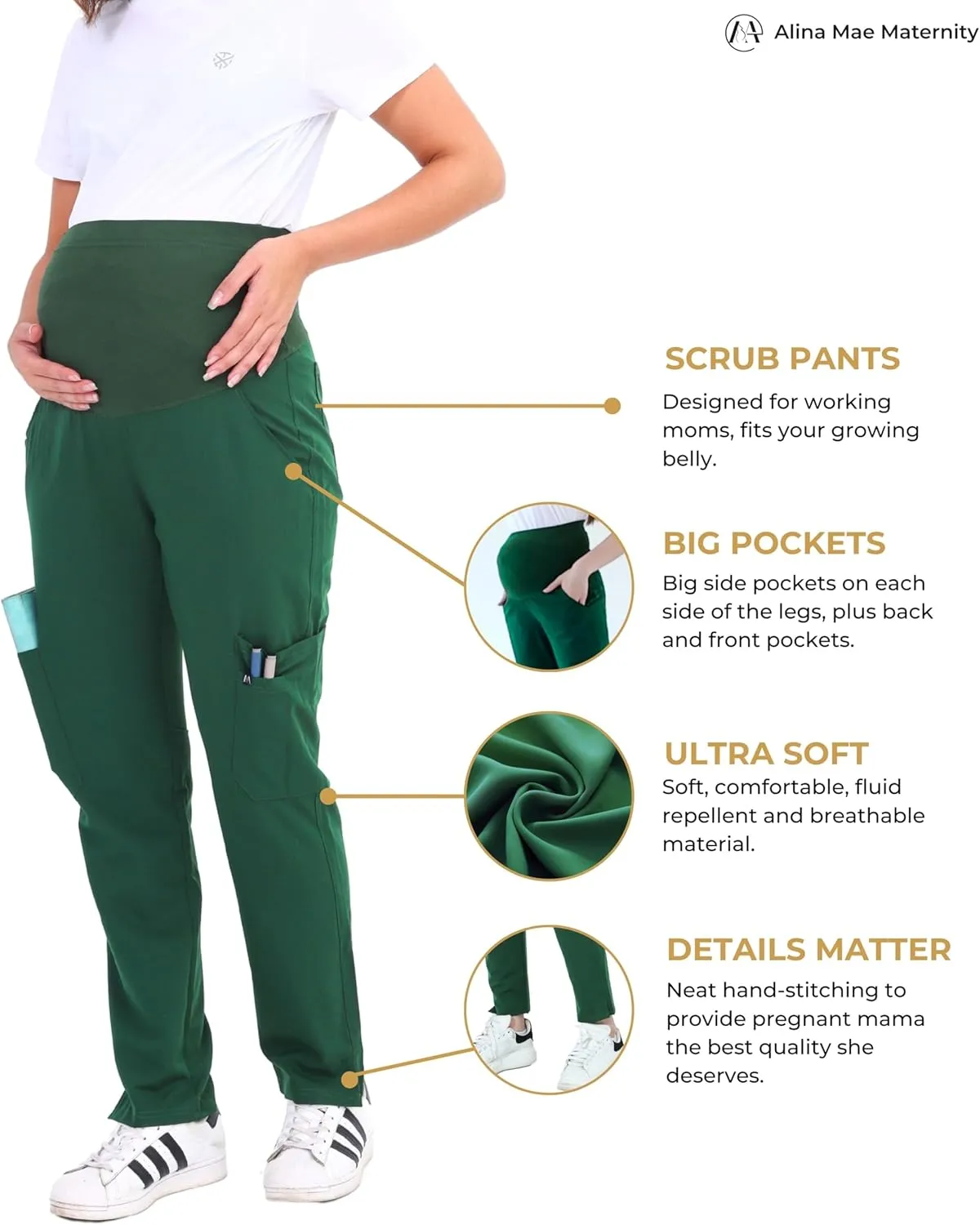 Maternity Scrub Jogger Pants for Women Pregnant Doctor Uniform Pant Nurse Scrub w/ 6 Pockets